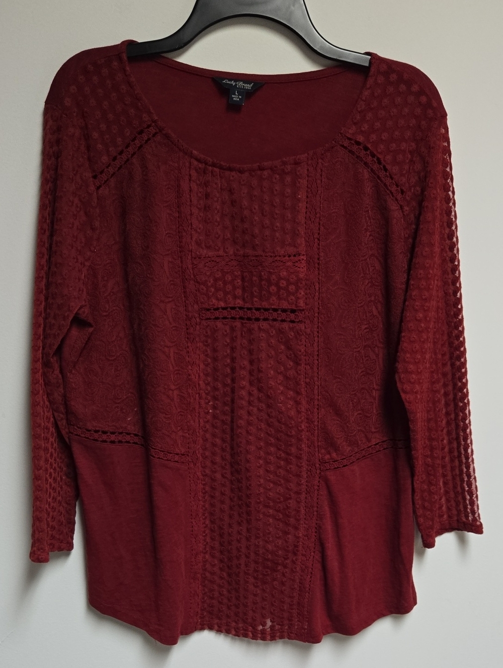 Lucky Brand Burgundy Crochet-Panel Scoop Neck Blouse